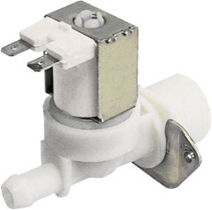 Elektromagnéitesche Ventil Robertshaw, wäisst Plastikgehäus mat enger Spull, Stecker-Konnektoren an engem Gitterfilter um Ausgang.
