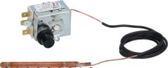 Metallkëscht vum Sécherheetsthermostat mat engem schwaarze Knäppchen an enger laanger Kapillar, déi mat enger Metallsonda ophält.