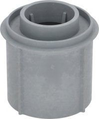 Groe Plastiksdeckel a konescher Form mat Bohrunge fir Schrauwen an enger Duerchféierung an der Mëtt