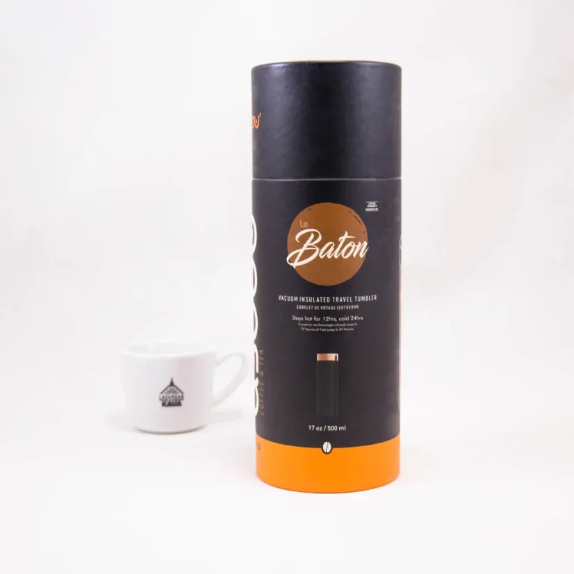 Silver Asobu Le Baton 500 ml insulated travel mug with double-wall insulation keeps beverages warm for longer.