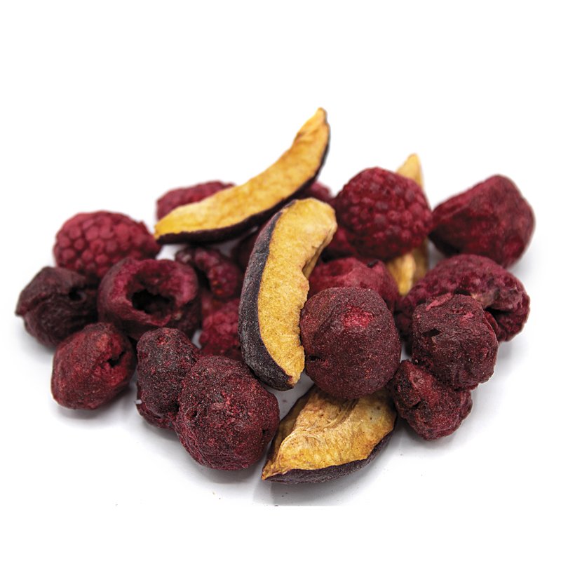 Mischung aus getrockneten Himbeeren und Sauerkirschen in 35g Verpackung, ideal für gesundes Snacken.