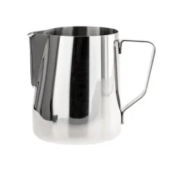 Rhinowares stainless steel milk jug 600 ml on a white background, side view