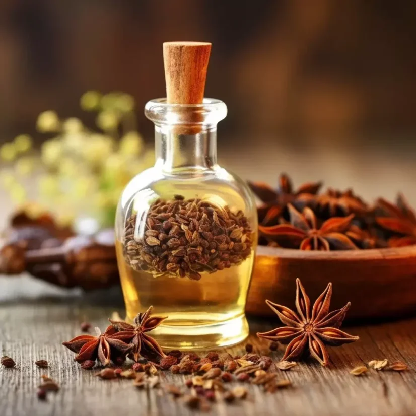 Frasco de vidrio con aceite esencial de anís 100% natural, volumen de 10 ml.