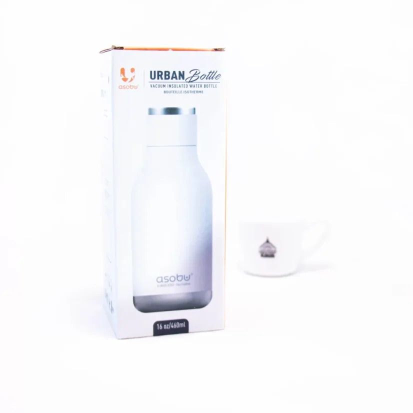 Weiße Thermoflasche Asobu Urban mit einem Fassungsvermögen von 460 ml, ideal zur Temperaturhaltung von Getränken auf Reisen.