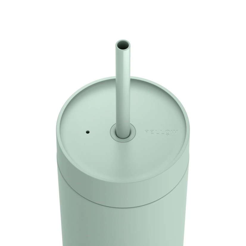 Mint-colored insulated tumbler with a straw for cold drinks.