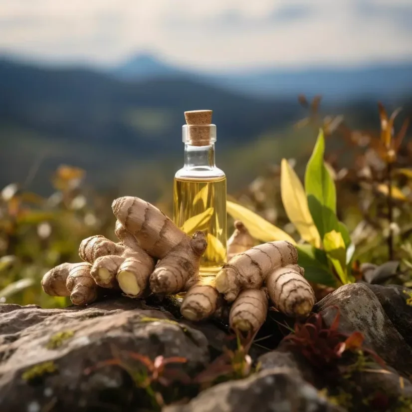 Bottle of Mountain Ginger essential oil with a volume of 10 ml, certified as 100% organic.