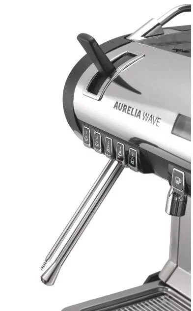 Kávovar Nuova Simonelli Aurelia Wave 2GR v svetlobežnej bielej verzii s dotykovým displejom pre jednoduché ovládanie, ideálny na profesionálne použitie.