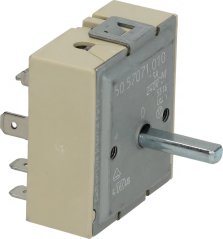Energieregulator an engem cremefaarwegen Gehäus mat enger Metallachs a flaache elektresche Konnektoren op der Säit.