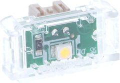 LED-Kontrollluucht an engem duerchsiichtege Plastikgehäus mat enger gréngter Plack an enger Diod.