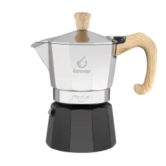 Silver Moka pot with wooden handle by Forever Miss Moka Woody for 6 cups of coffee