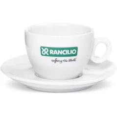 Wäisse porzellanene Schossel mat Ënnerdaach vun der Mark Rancilio, Inhalt 180 ml, ideal fir Kaffi ze servéieren. Wäisse porzellanene Schossel mat Ënnerdaach vun der Mark Rancilio, Inhalt 180 ml, ideal fir Kaffi ze servéieren.