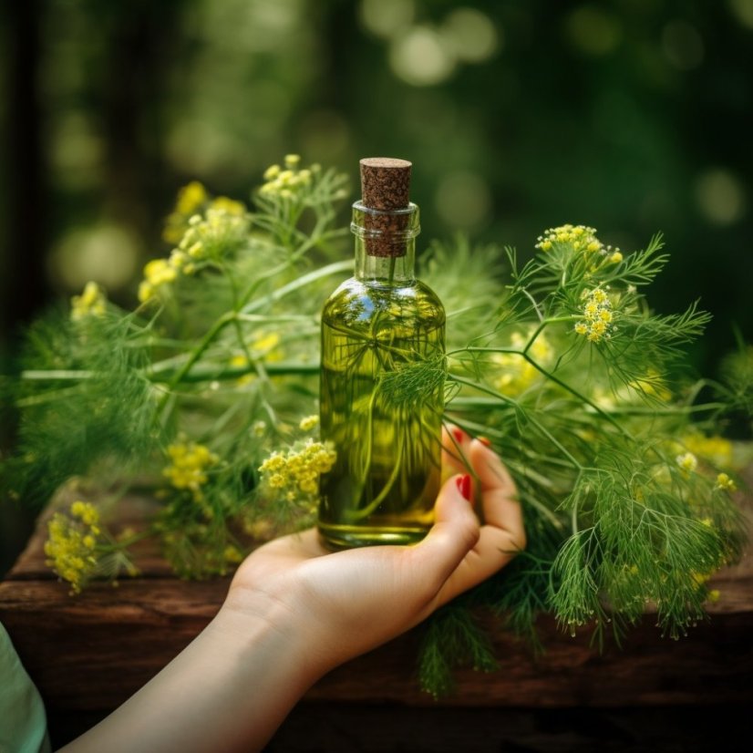 Sklenená fľaštička s 10 ml 100% prírodného esenciálneho oleja kôpor od značky Pěstík s bylinnou vôňou.