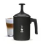 Milk frother in black finish by Bialetti Tuttocrema with a capacity of 166ml on a white background, accompanied by a prepared latte in a glass.