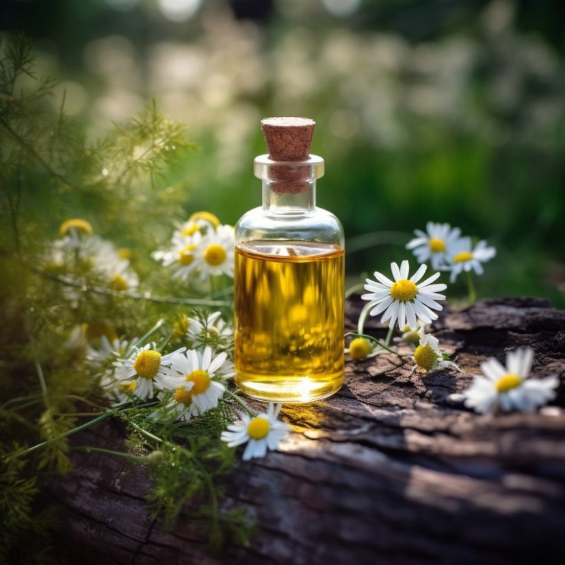 Bottle of Chamomile essential oil by Pestik with a volume of 10 ml, emitting a warming scent.