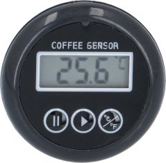 Deeselwechte Thermometer vu vir, mat engem Display dat déi gemooss Temperatur 25,6 °C weist.