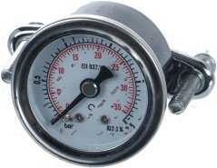 Manometer fir 40 mm 0–2,5 bar SPINEL, ronnt Drockmiessgerät mat engem Chromrand an engem Montagebügel.