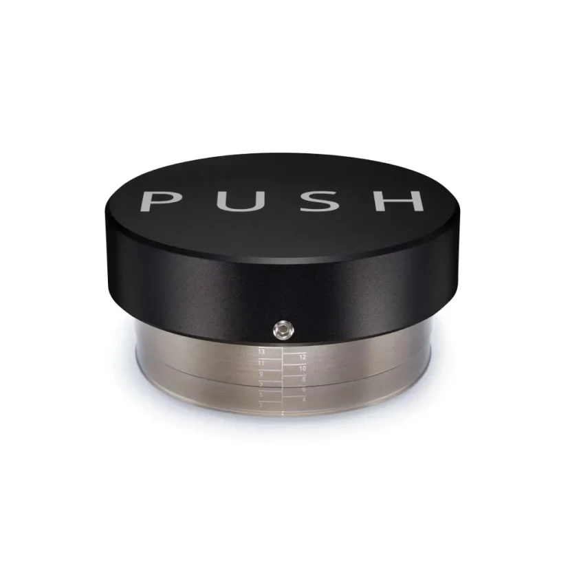 Black push tamper with a 58.5 mm base for espresso preparation.