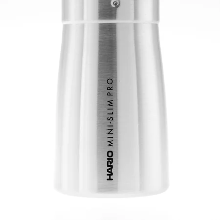 Hario Mini Mill Slim Pro silver, manual coffee grinder suitable for home use.