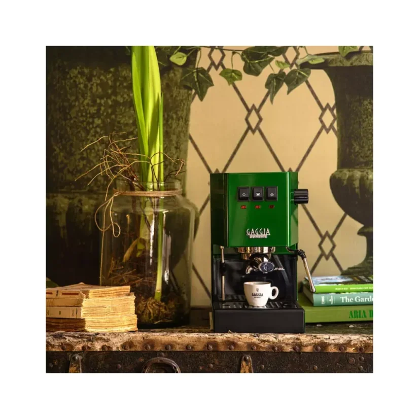 Green domestic lever coffee machine Gaggia New Classic EVO.