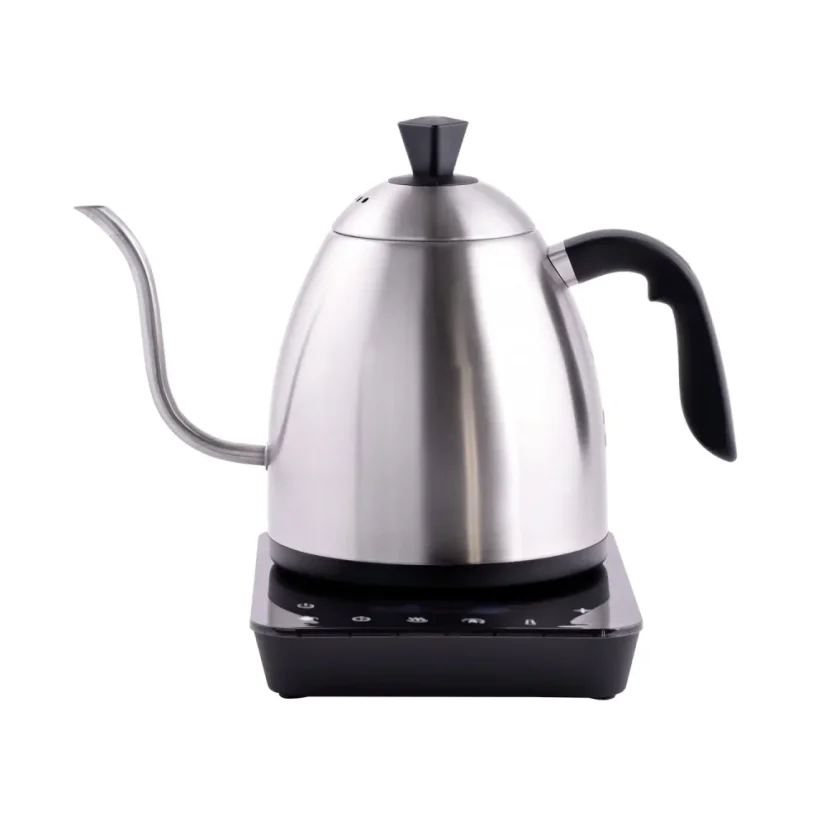 Silver Brewista Smart Pour electric kettle with a black handle on a white background