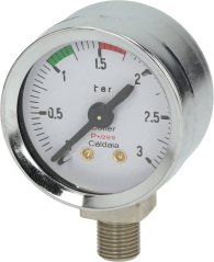 Verchromte Manometer mat engem wäisse Ziffersblat, faarwege Beräicher, der Opschrëft Caldaia an engem gewuente Messingenn ënnen.