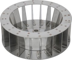 Ventilatorrad fir de Motor mat engem genittene Ring a geroden Schaufelen ronderëm. Ventilatorrad fir de Motor mat engem genittene Ring a geroden Schaufelen ronderëm.