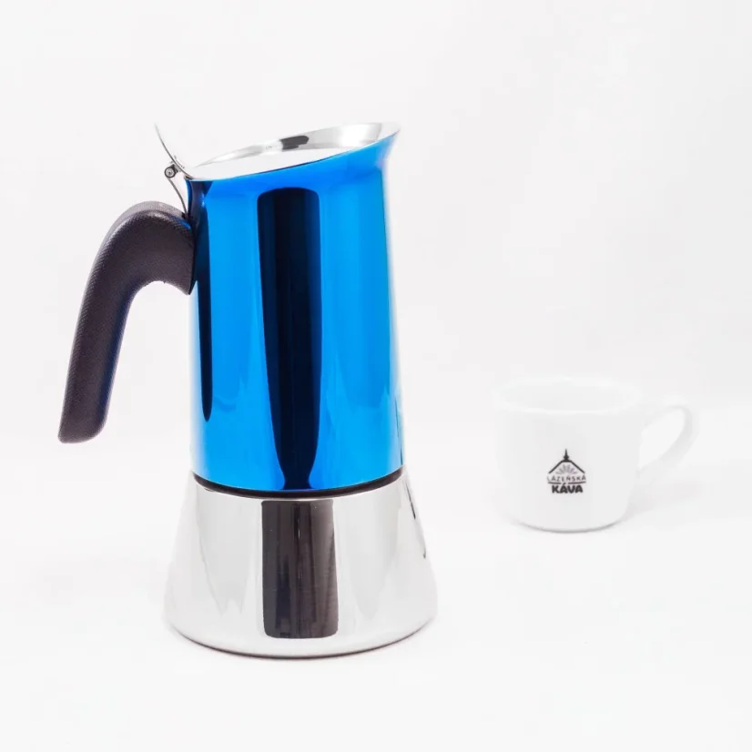 Bialetti New Venus Blue moka pot for 6 cups, suitable for induction heating.