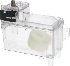 Duerchsiichtegen Niveautank mat engem gebuertem Gitter op der Säit an engem schwaarze Mikroschalter mat engem wäisse Schwämmer uewen.