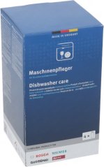 Schachtel Entfetter fir Spullmaschinnen mat bloer Bedréckung an engem Foto vu Glieser Schachtel Entfetter fir Spullmaschinnen mat bloer Bedréckung an engem Foto vu Glieser
