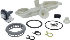 Set vun der elektrescher Auslafpompel mat engem Plastik-Sammelkierper, engem Filter, Dichtungen a Klammen.