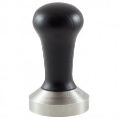 The Motta tamper with black handle for filling coffee.