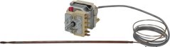 Eenfase Thermostat mat engem beige Kierper, engem klenge rouden Knäppchen an engem groe Kapillar dat an enger dënner Sond ophält.