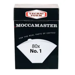 Papierfilter für Moccamaster, 100 Stück in einer original schwarzen Schachtel auf weißem Hintergrund.