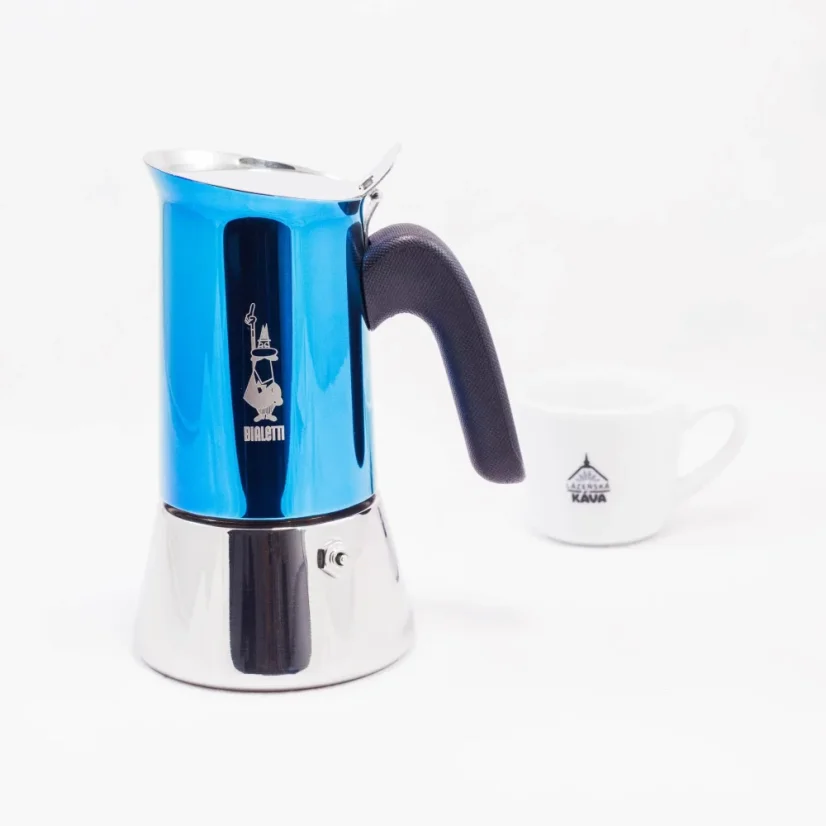 Bialetti New Venus Blue moka pot for 4 cups, suitable for use on ceramic hobs.
