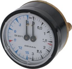 Ronnen Drockmanometer mat engem wäisse Ziffersblat, der Opschrëft ORMAN, enger rouder Markéierung op der Skala a zwee Zeeger. Ronnen Drockmanometer mat engem wäisse Ziffersblat, der Opschrëft ORMAN, enger rouder Markéierung op der Skala a zwee Zeeger.