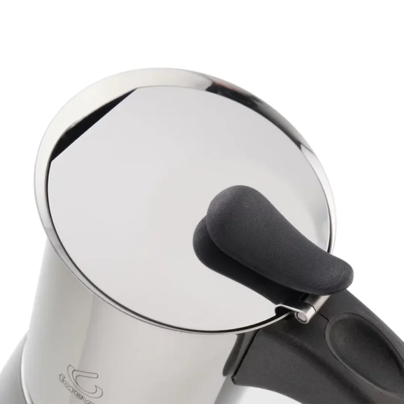 Silver moka pot Forever Miss Splendy designed for brewing up to 10 cups of coffee.