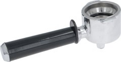 Hebel (Portafilter) komplett fir 2 Tassen, verchromte Portafilter mat schwaarzer Grëff an engem Metall-Ausgangsstutz Hebel (Portafilter) komplett fir 2 Tassen, verchromte Portafilter mat schwaarzer Grëff an engem Metall-Ausgangsstutz