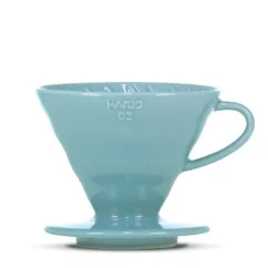 Blue Hario V60-02 dripper for filter coffee preparation.