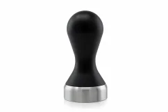 Silver tamper with a black handle on a white background