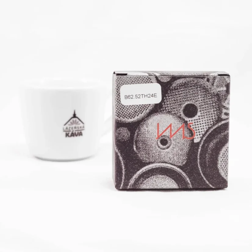 IMS basket in original gray box on white background with cup ; Portafilter baskets