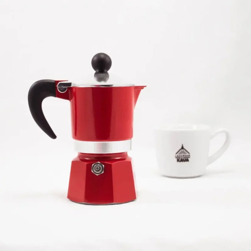 Bialetti Rainbow 1 moka pot in red color from behind with coffee.