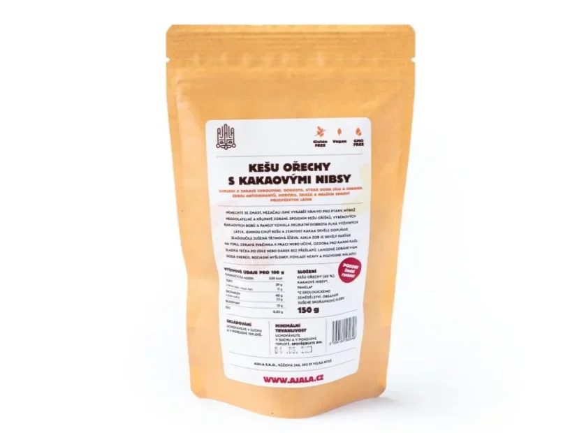 Vue arrière de l'emballage Ajala Zob - noix de cajou, grué de cacao, panela 150 g.