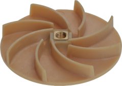 Leefrad vun der Pompel LGB, e beige Plastikrad mat gebéinte Schaufelen an engem Messing-Gewend an der Mëtt.