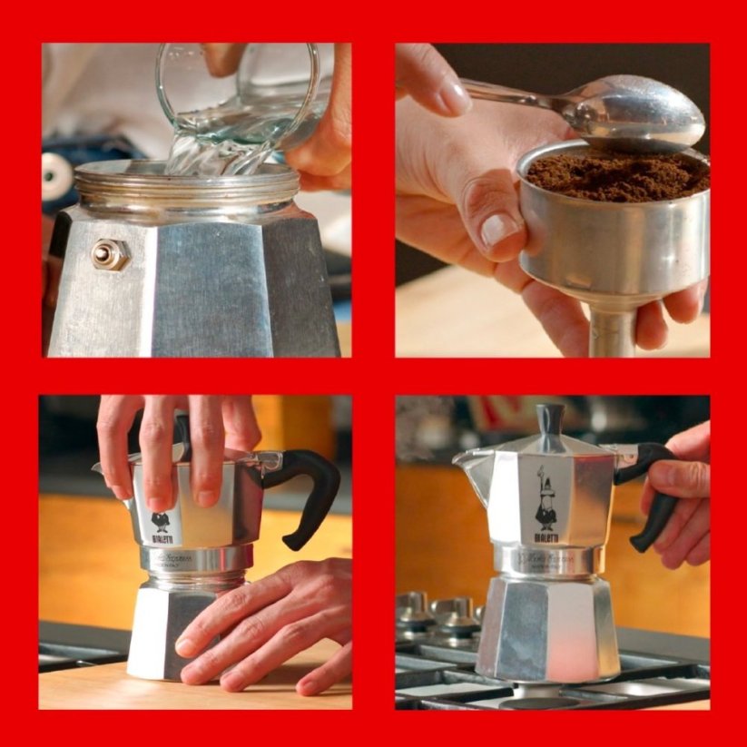 De bereiding van koffie in de Bialetti Moka Express in afzonderlijke stappen.