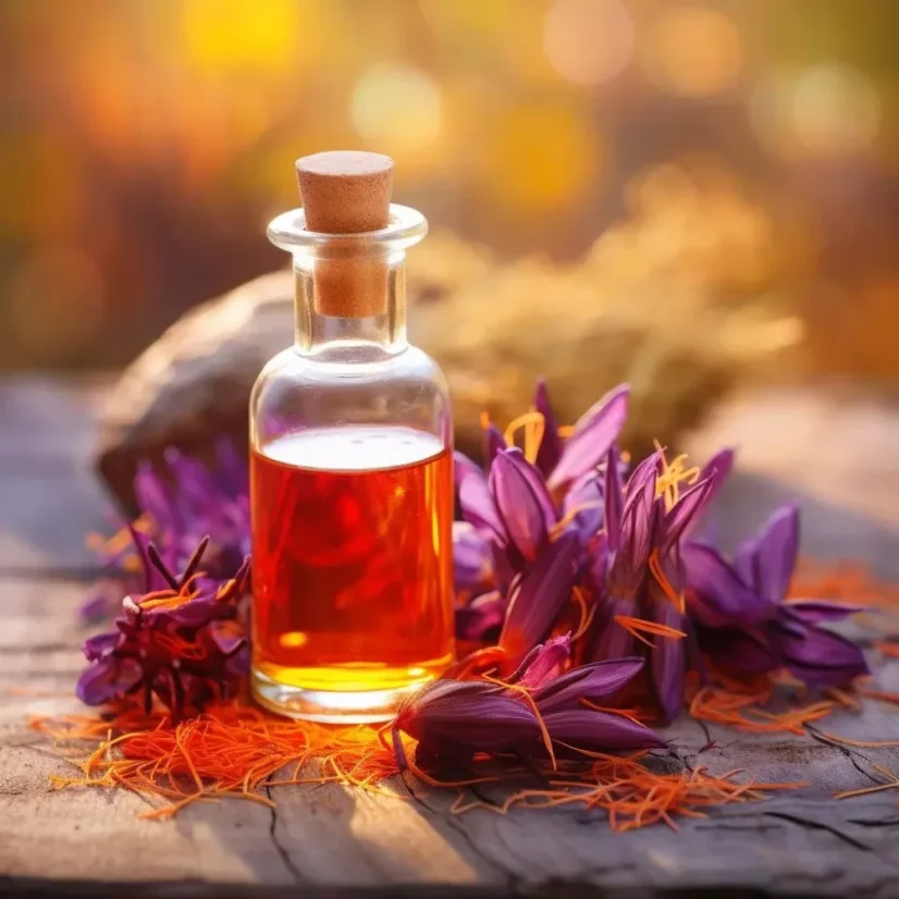 Huile essentielle de safran en flacon de 10 ml, 100% naturelle et adaptée aux végétaliens.