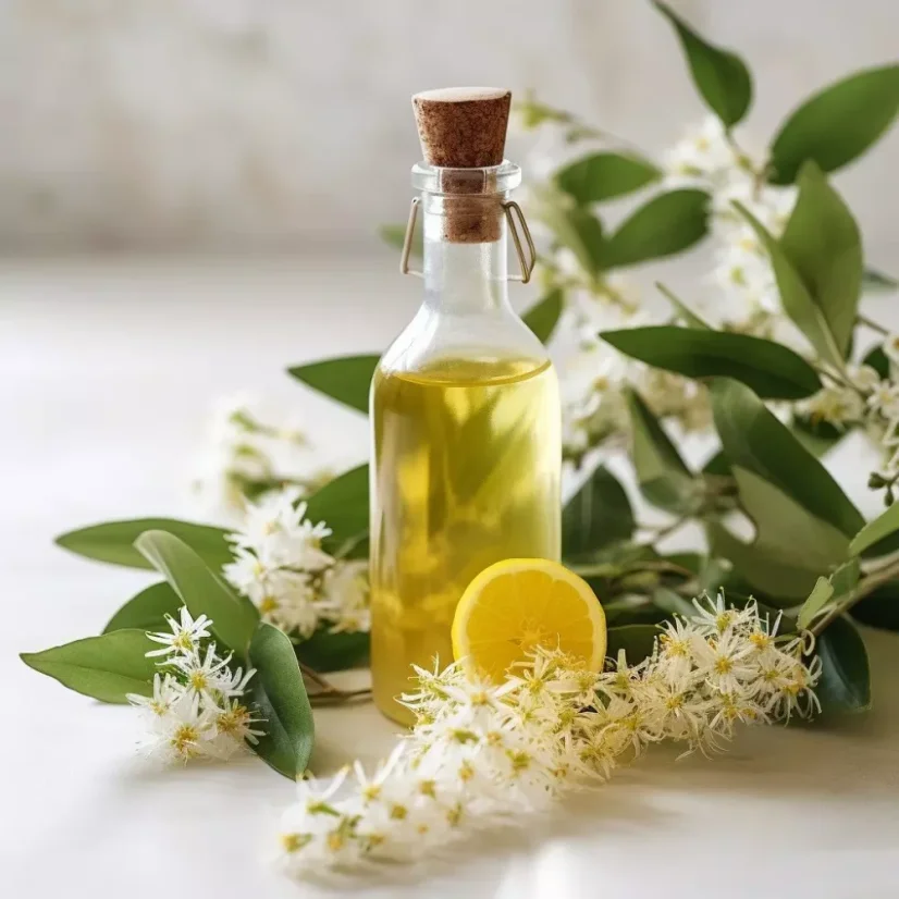 Glass bottle with 10 ml of 100% natural Lemon Myrtle essential oil, perfect for the summer season.