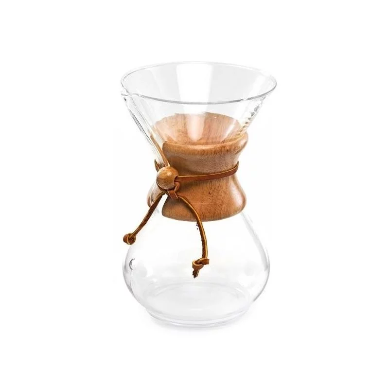 Glass Chemex with a wooden handle and leather cord