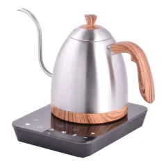 Silver electric kettle with a wooden handle on a black base against a white background, side view.