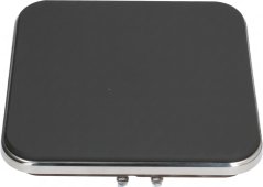 Elektresch Kachplack 2600 W 400 V, schwaarz Gusseisen-Kachplack a quadratescher Form mat verchromtem Rand, vun uewe gesinn Elektresch Kachplack 2600 W 400 V, schwaarz Gusseisen-Kachplack a quadratescher Form mat verchromtem Rand, vun uewe gesinn
