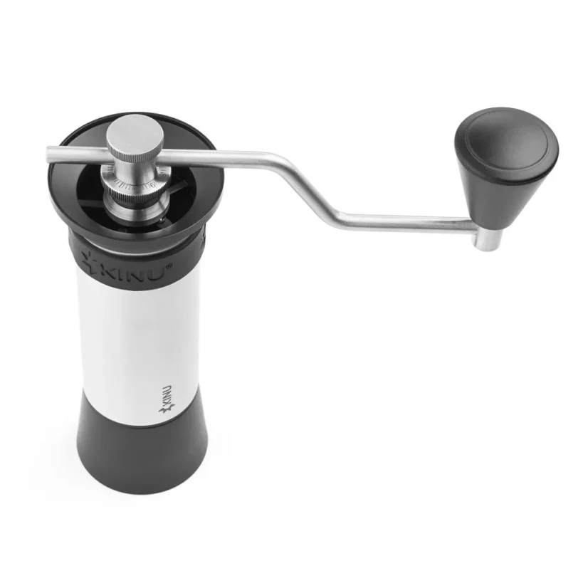 Top view of a Kinu M47 Phoenix manual coffee grinder with 47mm grinding stones.